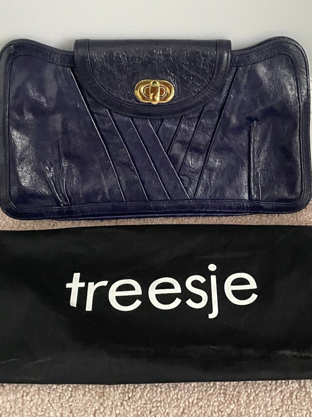 Treesje Midnight Navy Glazed Leather Stellar Pleated Clutch Bag
